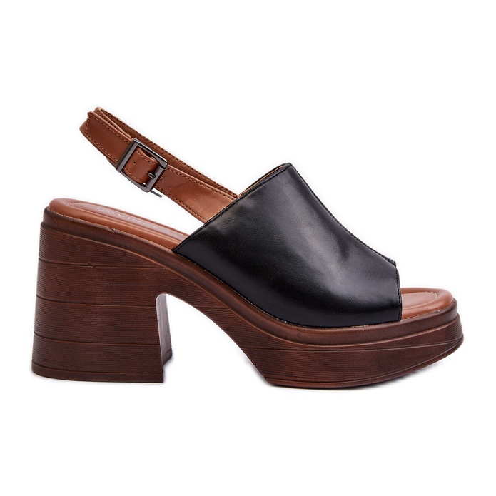 Vinceza Sandálias femininas confeccionadas em couro ecológico com salto grosso e plataforma, preta Meeyah preto