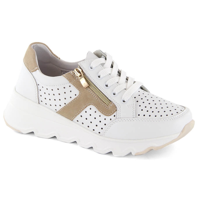 Calçado esportivo feminino de couro com cunha perfurada, branco, T.Sokolski 245