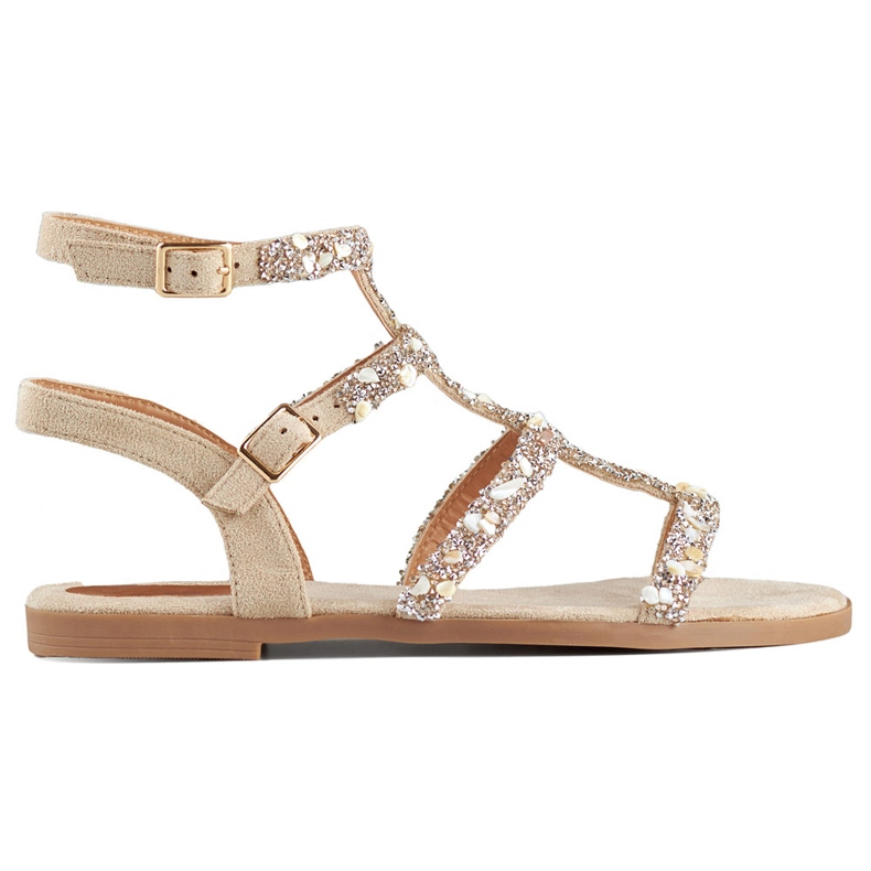 Sandálias gladiadoras femininas bege com pedras decorativas