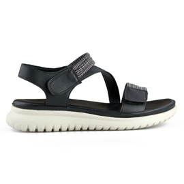Sandálias femininas pretas confortáveis ​​com elástico e fecho de velcro preto