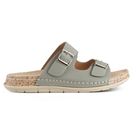 Chinelos femininos confortáveis ​​cinza com duas fivelas e palmilha de couro