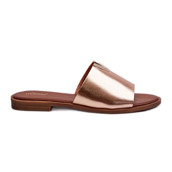 Chinelos femininos de couro ecológico com salto plano, Gold Maliha dourado