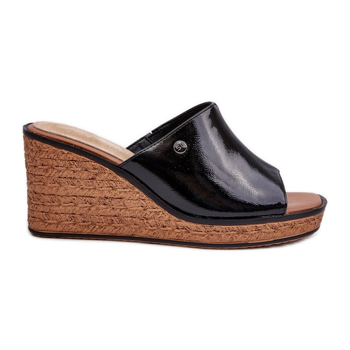 Chinelos de cunha patenteados femininos Sergio Leone KL213 pretos