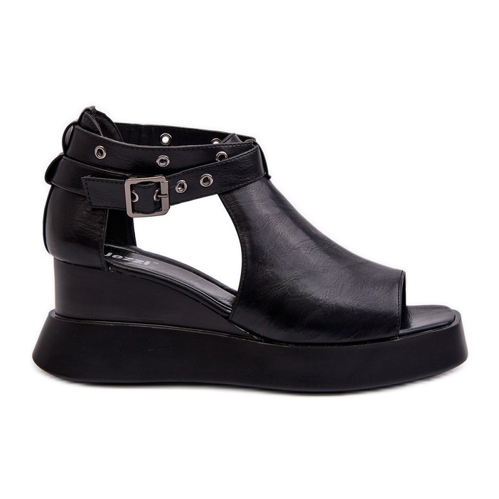 Jezzi Sandálias femininas com plataforma e cunha em couro ecológico, preta Hloeli preto