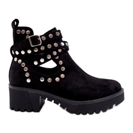 Ideal Shoes Botins femininos de camurça com tachas decorativas, pretos