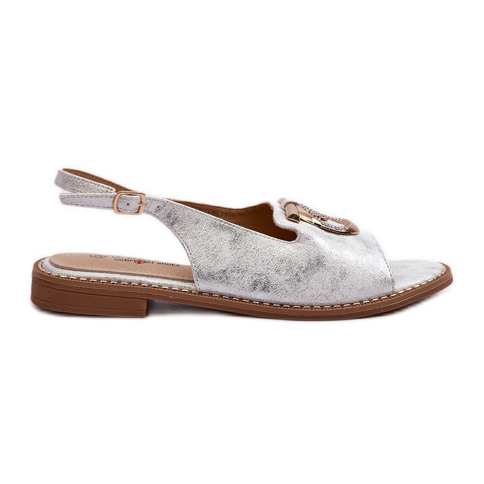 Sandálias femininas elegantes com decoração dourada em salto baixo, prata S.Barski KV27-053