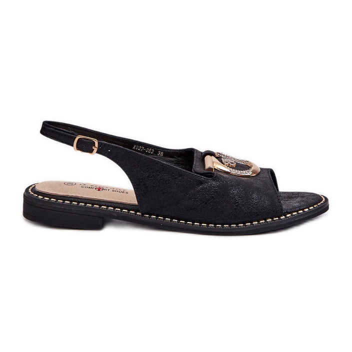 Sandálias femininas elegantes com decoração dourada em salto baixo, pretas S.Barski KV27-053 preto