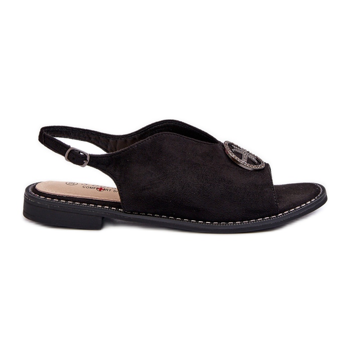 Sandálias Femininas Com Decoração Dourada Eco Suede S.Barski KV27-059 Pretas preto