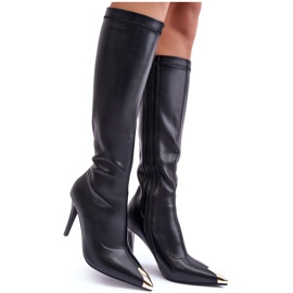 S.Barski MR870-59 Botas de couro acima do joelho com salto alto, pretas preto