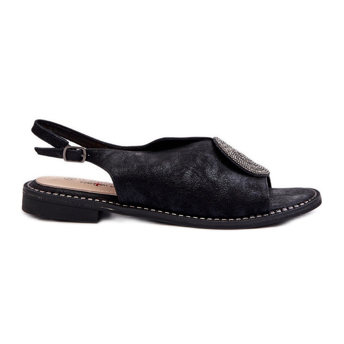 Sandálias femininas com decoração de salto baixo S.Barski KV24-057 pretas preto