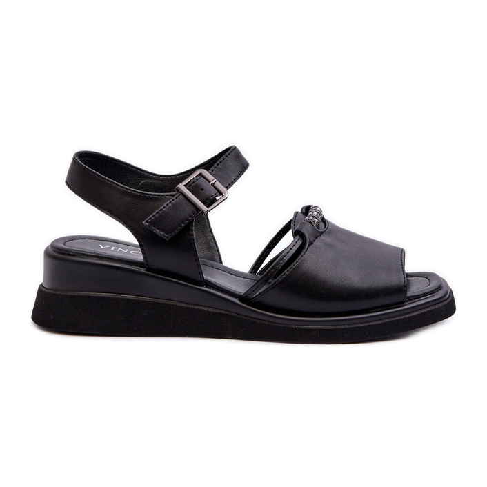 Sandálias femininas de cunha de couro Vinceza 66624 pretas preto