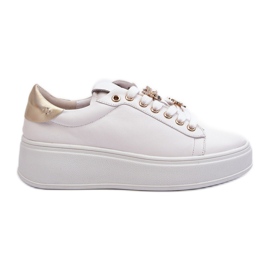 S.Barski Tênis feminino de couro na plataforma com alfinetes D&amp;A SN67 branco