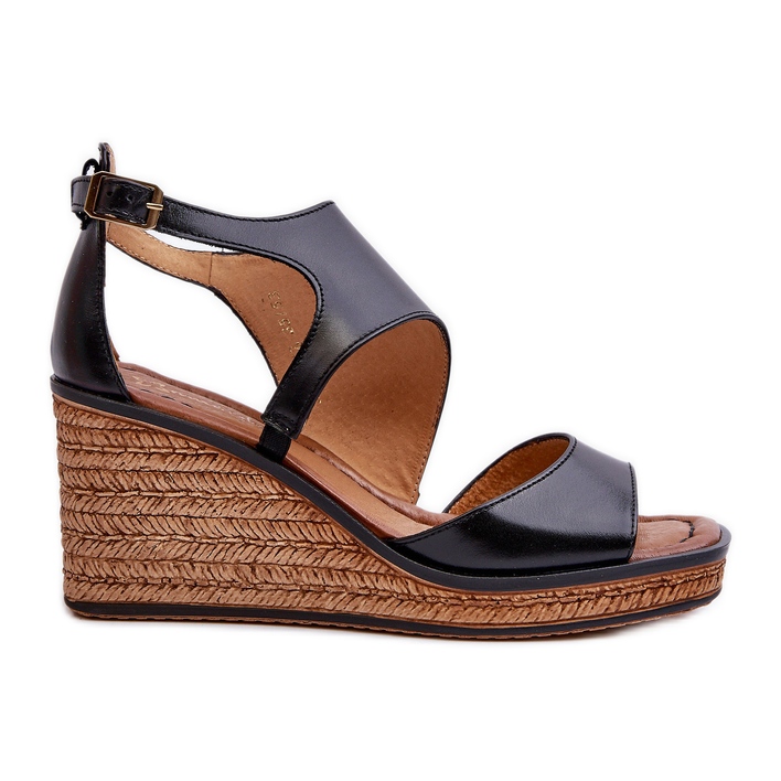 Sandálias femininas de couro com cunha Maciejka 06657-01 pretas preto