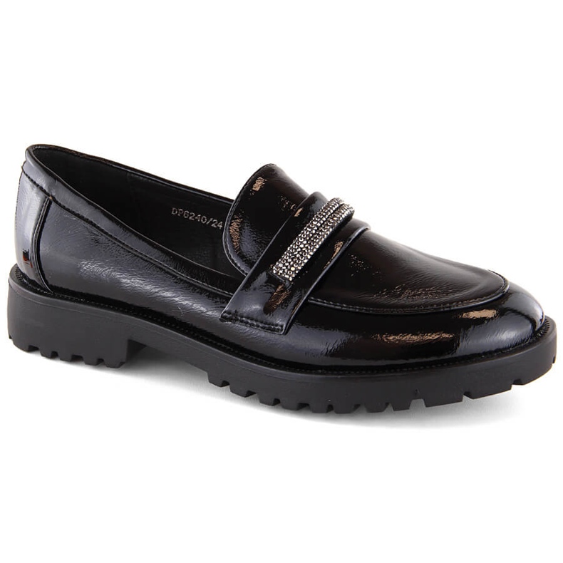 Mocassins femininos de couro envernizado com zircônia cúbica, pretos Filippo DP6240