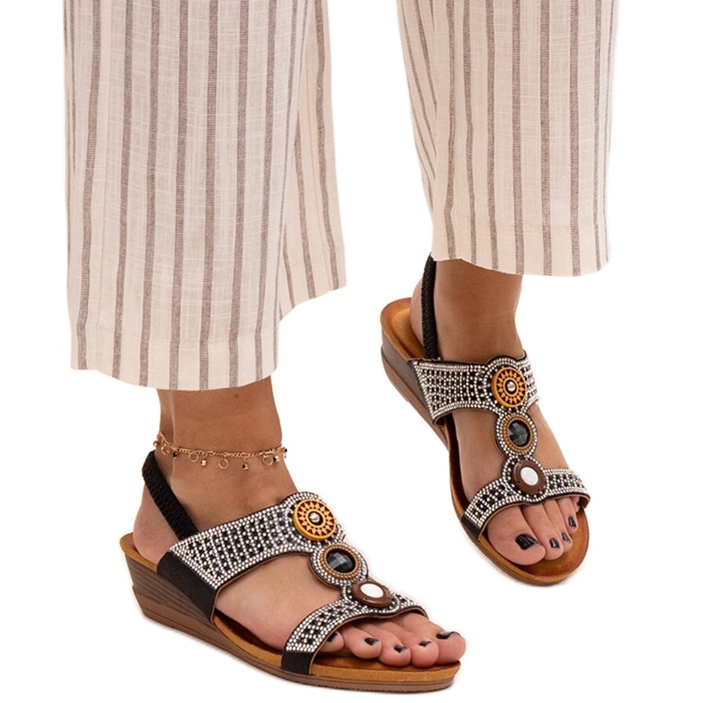 Sandálias de cunha baixa brilhantes da Azeeza preto