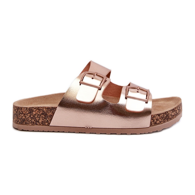 Evento Chinelos Femininos em Plataforma de Cortiça com Fivelas, Ouro Rosa, Klinesta dourado