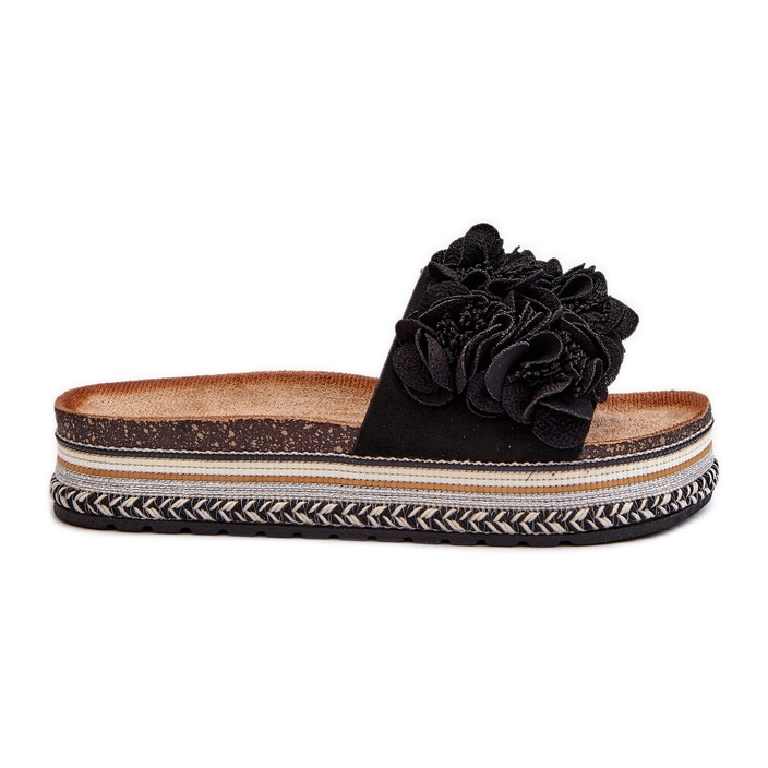 Chinelos femininos com plataforma decorados com flores, preto Nodina