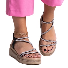 Sandálias de cunha baixa brilhantes com zircões da Hanifa preto