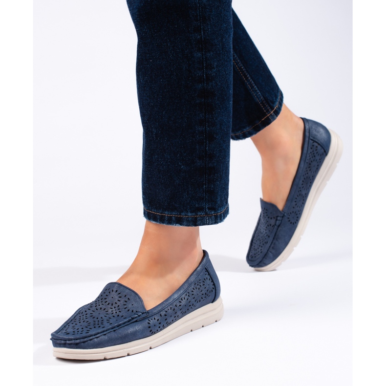 Mocassins femininos com aberturas, azul marinho