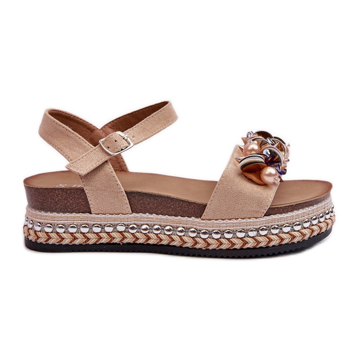 Sandálias Femininas Em Cunha E Plataforma Com Decorações S.Barski HY056 Bege