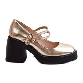 Bombas de couro ecológico com salto grosso, Gold Halmina dourado