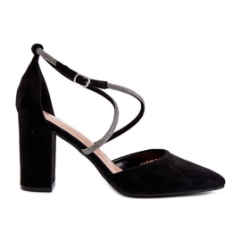 Bombas de salto alto em camurça ecológica com zircônias cúbicas, Lagra preta preto