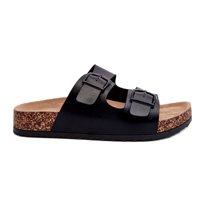 Evento Chinelos femininos em plataforma de cortiça com fivelas, preto Klinesta