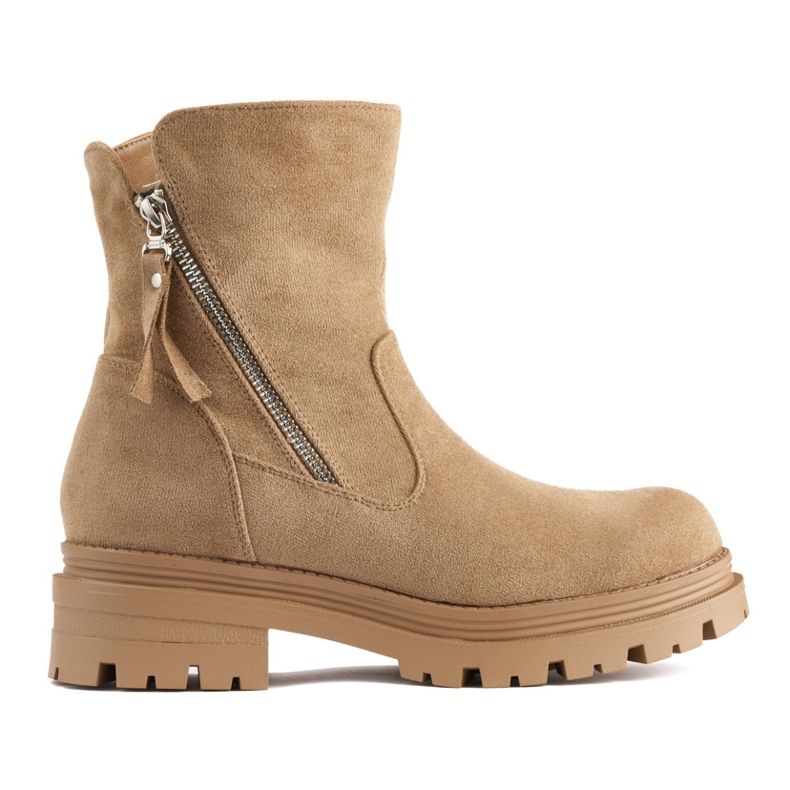 Botins femininos bege escuro com zíper decorativo Botins femininos bege escuro com zíper decorativo