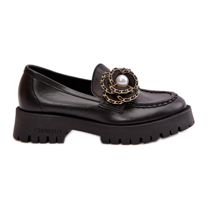 Mocassins femininos de couro decorados com flor, preto CheBello 4520