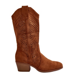 Botas de cowboy femininas a céu aberto com salto alto camelo Iceda castanho