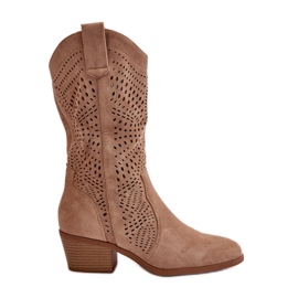 Botas de cowboy femininas perfuradas com salto alto, marrom Iceda