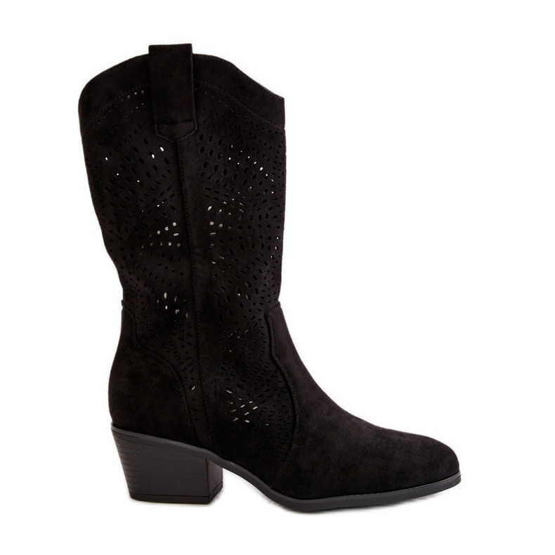 Botas de cowboy femininas perfuradas com salto alto, Black Iceda preto