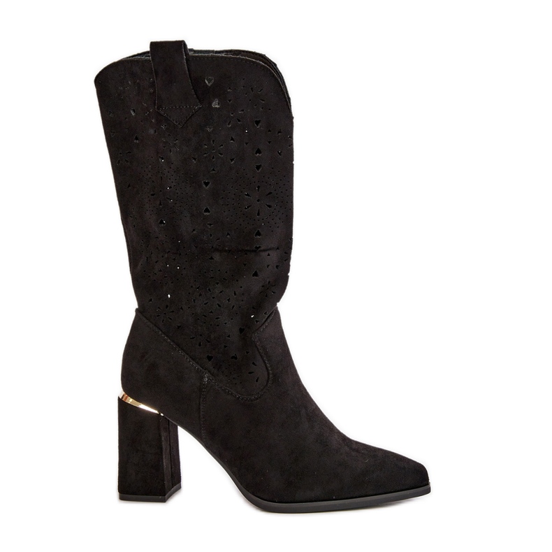 Botas femininas abertas de salto alto com bico fino, camurça ecológica preta Nevithra preto Botas femininas abertas de salto alto com bico fino, camurça ecológica preta Nevithra preto