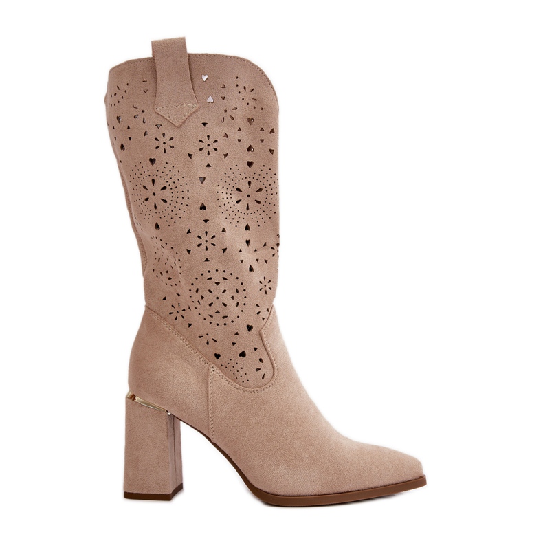 Botas femininas perfuradas de salto alto com bico fino, camurça ecológica bege Nevithra