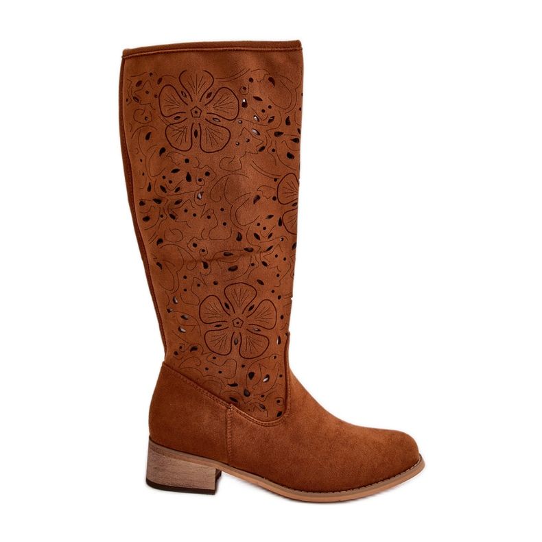 Botas femininas de salto alto perfuradas, camurça ecológica, fechadas com zíper, orquídeas camelo castanho