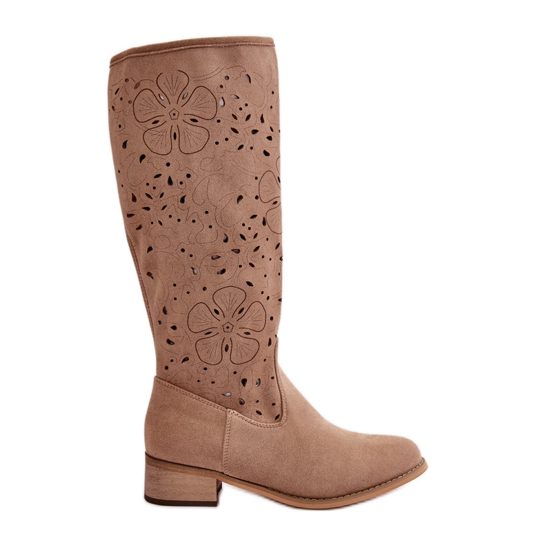 Botas femininas perfuradas com salto baixo em camurça ecológica com zíper orquídeas bege escuro