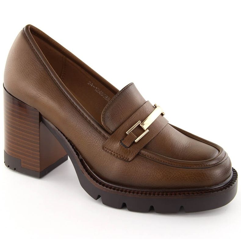 Sapatos mocassins femininos marrons com salto alto, Potocki 12465 castanho
