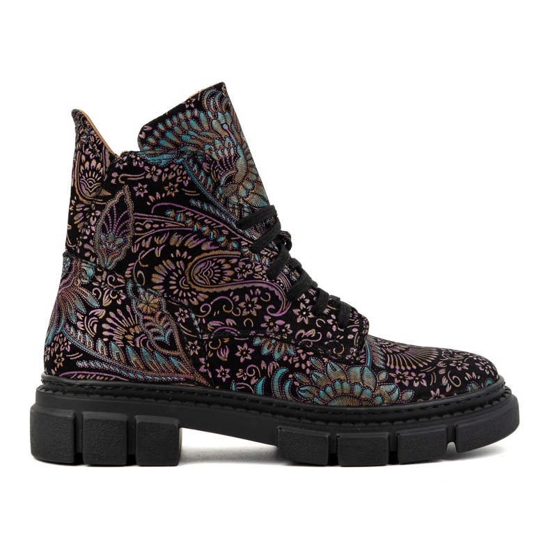 Olivier Botins femininos de couro com cadarço alto estampado 1227, preto multicolorido