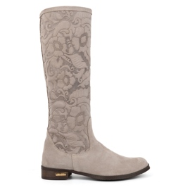 Olivier Botas femininas de camurça em couro natural com flores Emma em relevo, bege Olivier Botas femininas de camurça em couro natural com flores Emma em relevo, bege