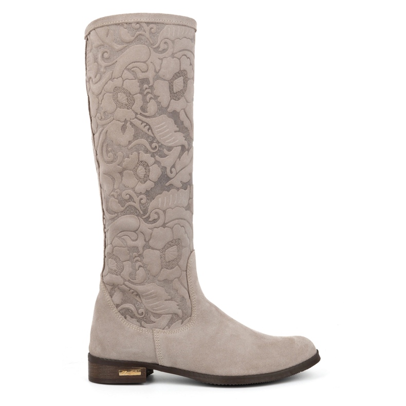 Olivier Botas femininas de camurça em couro natural com flores Emma em relevo, bege Olivier Botas femininas de camurça em couro natural com flores Emma em relevo, bege