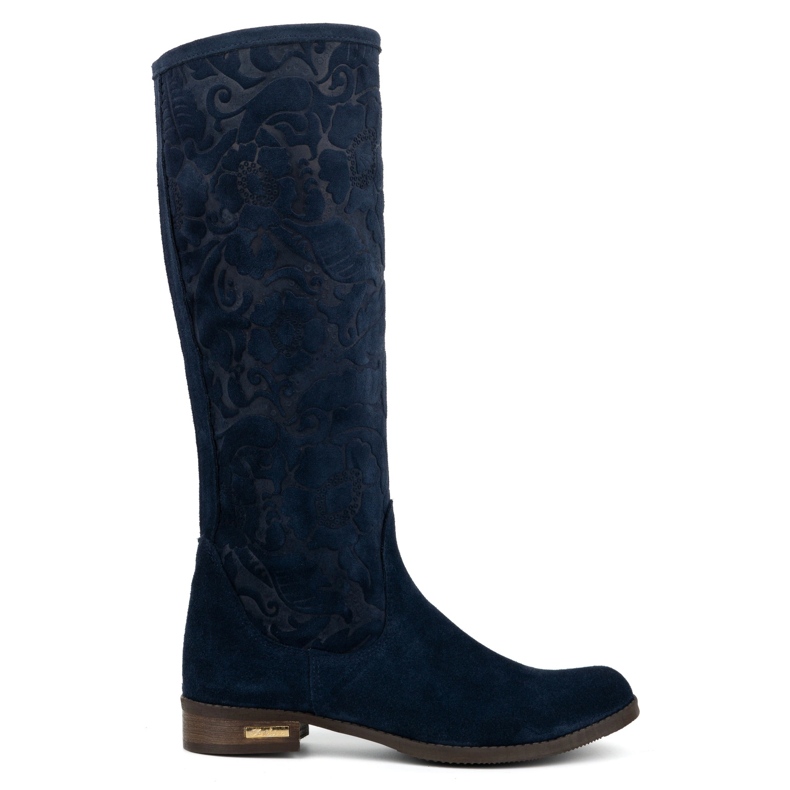 Olivier Botas femininas de camurça em couro natural com flores Emma em relevo, azul marinho