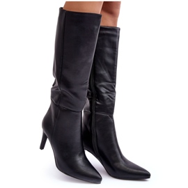 Botas de couro com salto alto acima do joelho, Serpens pretas preto