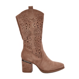 Botas cowboy femininas com salto alto eco camurça bege S.Barski HY42-028