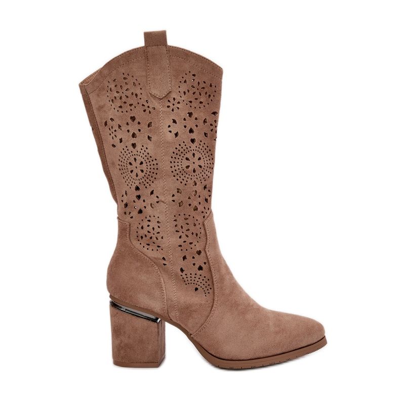 Botas cowboy femininas com salto alto eco camurça bege S.Barski HY42-028