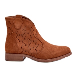 Botas femininas perfuradas com salto plano camelo S.Barski HY42-151 castanho Botas femininas perfuradas com salto plano camelo S.Barski HY42-151 castanho