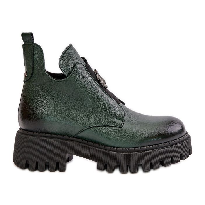 Zazoo 60451 Botins femininos de couro com decoração, verde escuro