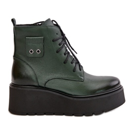 Zazoo 60499 Botas femininas com plataforma e cunha aquecida em couro natural verde escuro