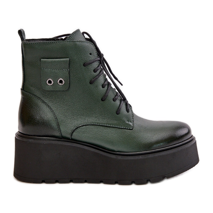 Zazoo 60499 Botas femininas com plataforma e cunha aquecida em couro natural verde escuro