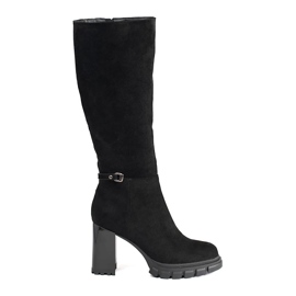 Botas clássicas de camurça preta com salto alto preto