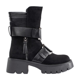 Goodin Botins femininos de camurça preta com fivelas preto Goodin Botins femininos de camurça preta com fivelas preto